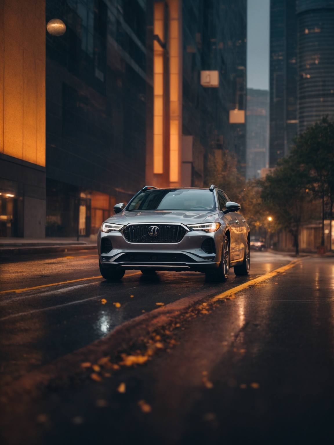 Green car driving in a city representing auto insurance coverage choices