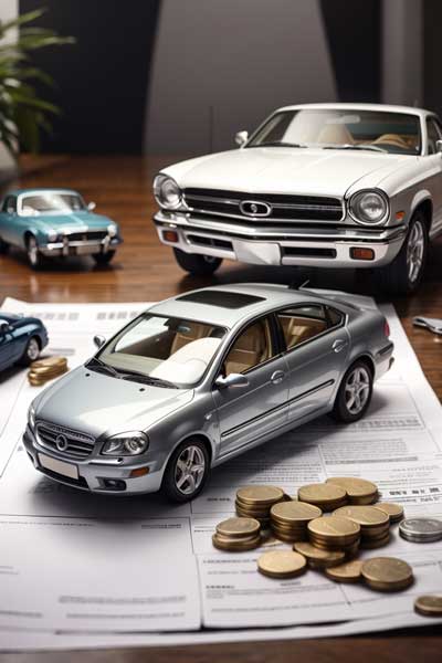 A desk with two littles car on the top and a form with some coins showing good car insurance estimates
