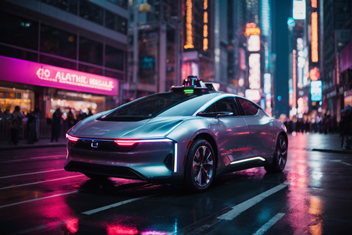 autonomous car insured in a city at night
