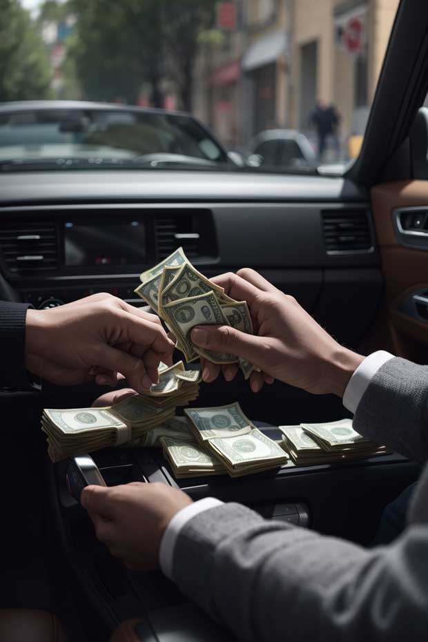 Two men holding money while sitting in a car