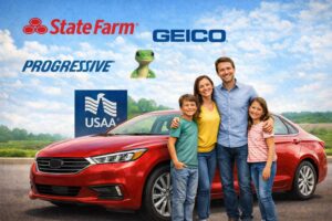 Happy family of four standing beside a red sedan with major U.S. car insurance company logos in the background, representing provider comparison and auto insurance shopping.